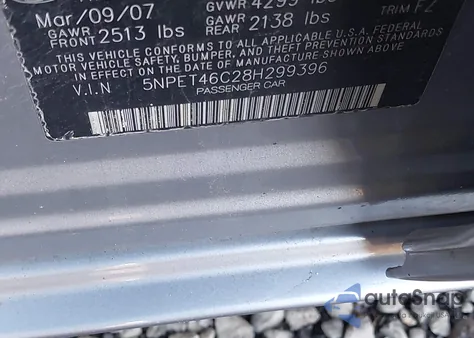 2008 Hyundai Sonata Gls z USA, uszkodzony, nr VIN 5NPET46C28H299396